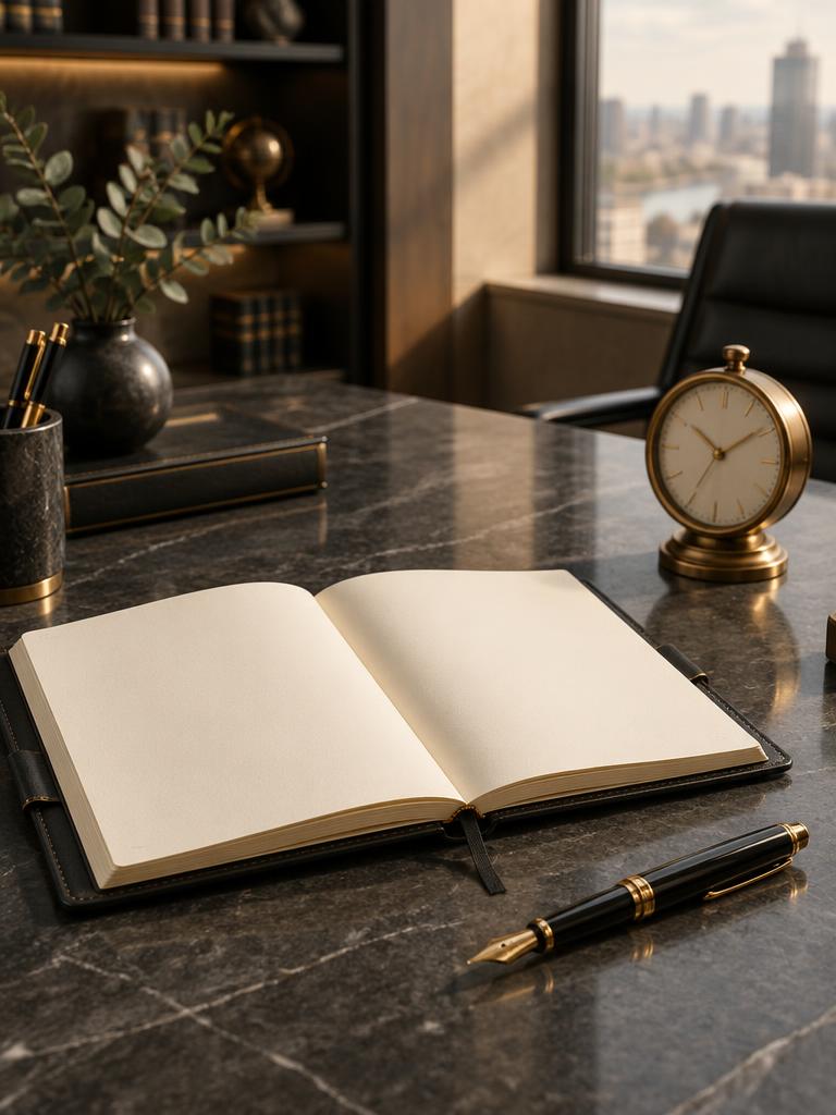 Agenda, caneta e relógio sobre uma mesa