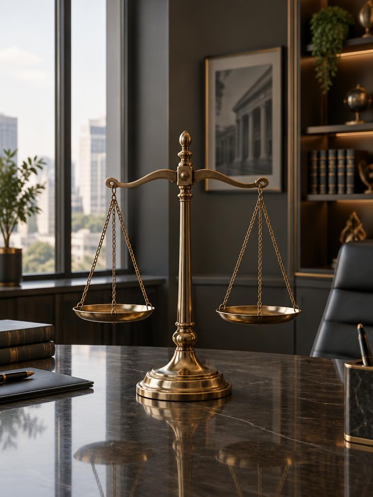 Balança da justiça sobre uma mesa de escritório